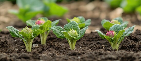 Obraz premium Young strawberry plants growing in soil with blurred background of green foliage