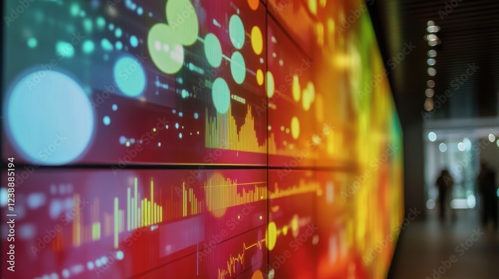Poster large interactive display showing various colorful charts, graphs, and data visualizations, highligh