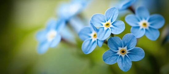 Obraz premium Close-up of blue forget-me-not flowers with blurred green background and copy space