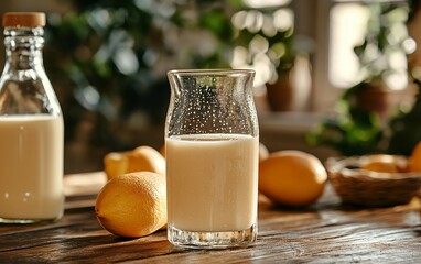 Creamy lemon drink, kitchen setting, sunlight