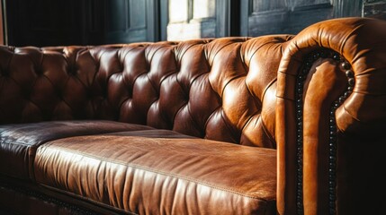 Obraz premium Luxurious Brown Leather Chesterfield Sofa in Vintage Interior Setting