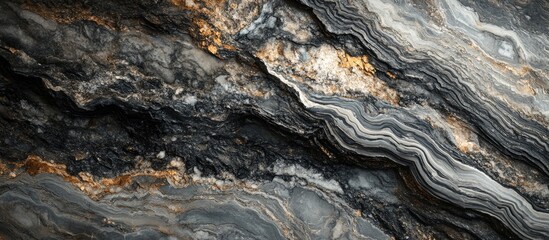 Naklejka premium Abstract rock formation with intricate layers in shades of black, gray, and gold tones