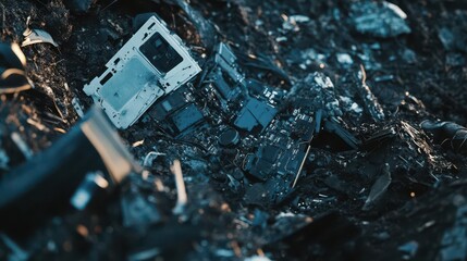 environmental portrait of discarded electronics forming abstract patterns in landfill, dramatic lighting, muted colors, documentary style, thought-provoking composition