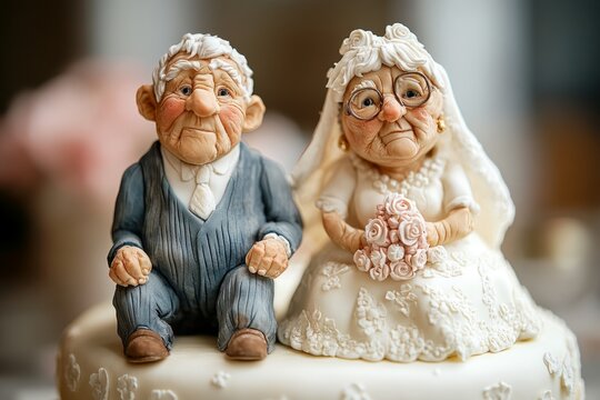 Figurines of an elderly couple sitting on a wedding cake, symbolizing enduring love and commitment