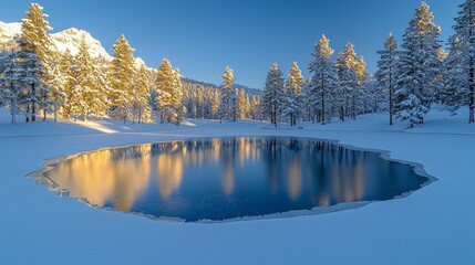 Fototapeta premium Winter Wonderland Frozen Lake Beauty Snow-Covered Forest Landscape Photography Serene Nature Captivating Reflection