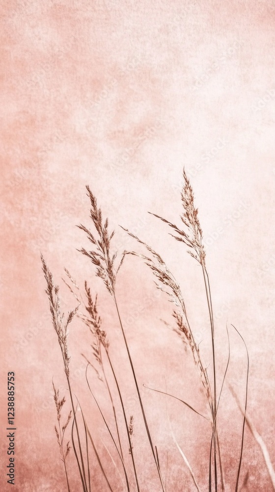 Poster tall grasses bend gracefully in the soft breeze, creating an elegant contrast with the warm pink bac