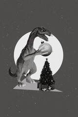 Vertical collage image of dinosaur hold newyear tree bauble ball toy decoration isolated on...