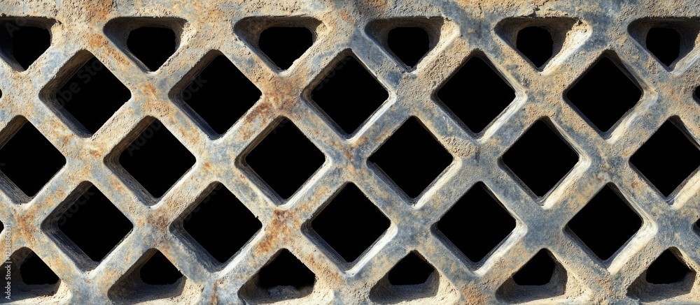 Poster close-up of rusty metal diamond-patterned grid with weathered texture and shadows