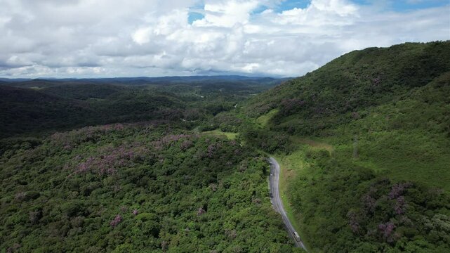 Uma estrada sinuosa em meio &agrave; floresta, no Vale do Ribeira, Estado de S&atilde;o Paulo, Brasil.