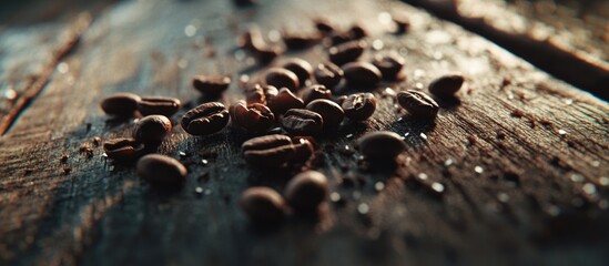 Close-up of coffee beans on rustic wooden surface with sunlight and water droplets