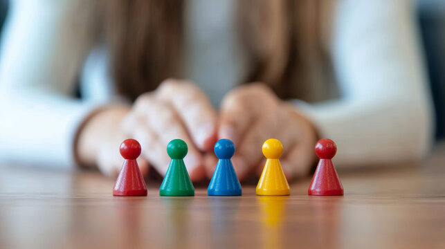 Colorful game pieces arranged on wooden table with hands in background