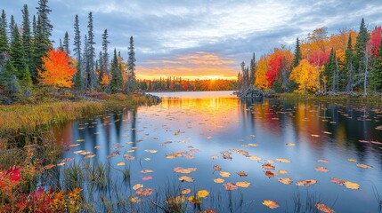 Obraz premium Autumn Lake Sunset Over Fall Foliage Serene Nature Scene Tranquil Environment Vibrant Colors Scenic Viewpoint