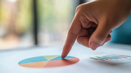 Closeup of a Finger Pointing at a Colorful Pie Chart on a Document