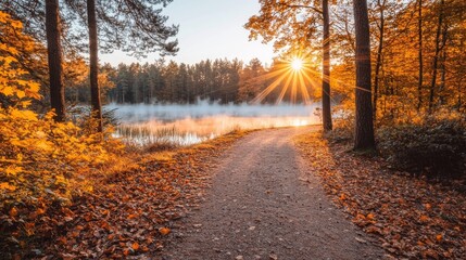 Obraz premium Autumn Sunrise Over Serene Lake Path Tranquil Nature Scene Foggy Morning Peaceful Environment Captivating View