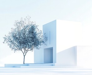 3D rendering of a modern house with two cubes in white and blue colors, front view, on a light...