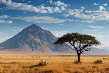 Fototapeta premium Lonely acacia tree is growing in the middle of the savanna with a mountain and a blue sky with clouds in the background