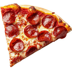 Slice of pepperoni pizza topped with melted cheese and a crispy crust on a plain background