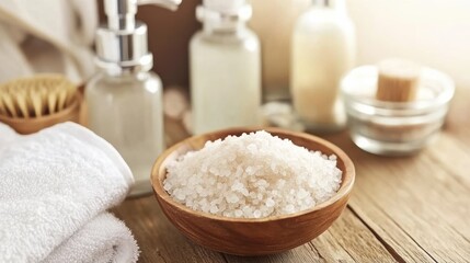 A serene bathroom setting with a wooden bowl filled with bath salts, complemented by soft lighting and natural elements on a rustic counter.