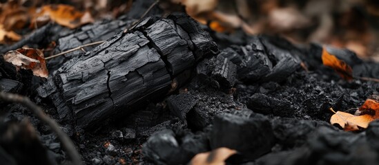 Close-up of burned wood and ashes with fallen leaves in forest setting