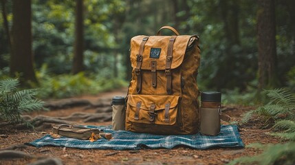 Fototapeta premium Rustic Backpack Outdoors With Travel Accessories