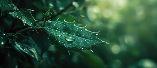 Close-up of spiky green leaf with water droplets in natural light and blurred background