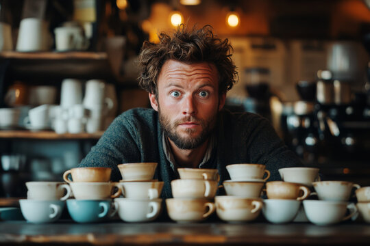 Surrounded by an impressive stack of empty coffee cups, a man exhibits an agitated expression, reflecting the effects of too much caffeine at a cozy cafe in the afternoon