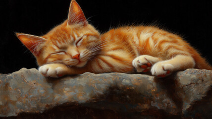 Sleeping Orange Tabby Cat on Rock