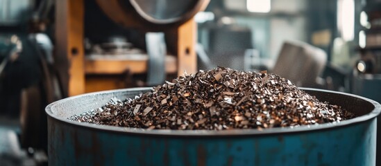 Metal shavings in industrial workshop setting with machinery in background
