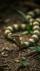 Fototapeta premium Snake resting on the forest floor surrounded by leaves and small stones in a natural habitat setting