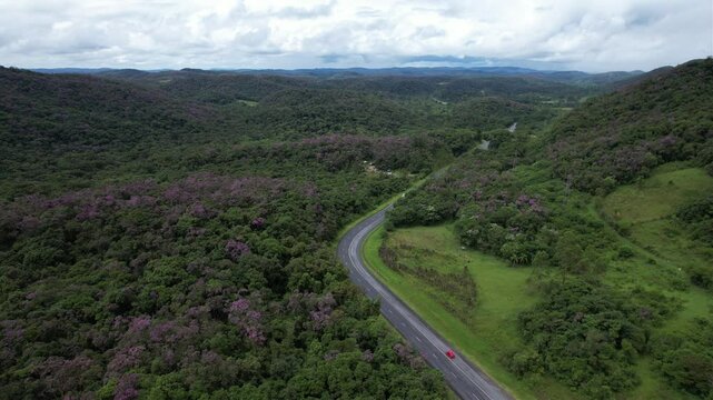 Uma estrada sinuosa em meio &agrave; floresta, no Vale do Ribeira, Estado de S&atilde;o Paulo, Brasil.