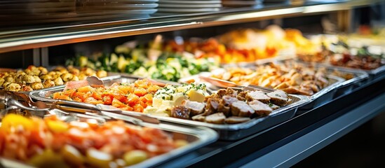 Buffet Counter with Assorted Dishes in Stainless Steel Trays at a Restaurant