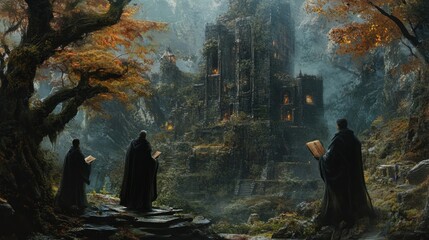 Three robed figures gaze at an ancient, overgrown castle nestled within a misty autumnal forest.