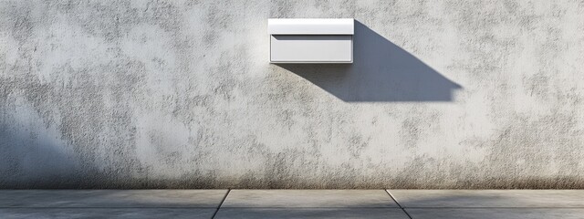 Modern white mailbox on textured concrete wall casting long shadow with copy space