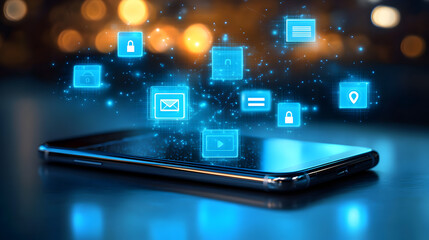 image of a digital network linking mobile devices with security and management features glowing in blue tones 