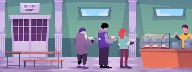 Vector illustration of homeless people standing in a shelter in line for food.