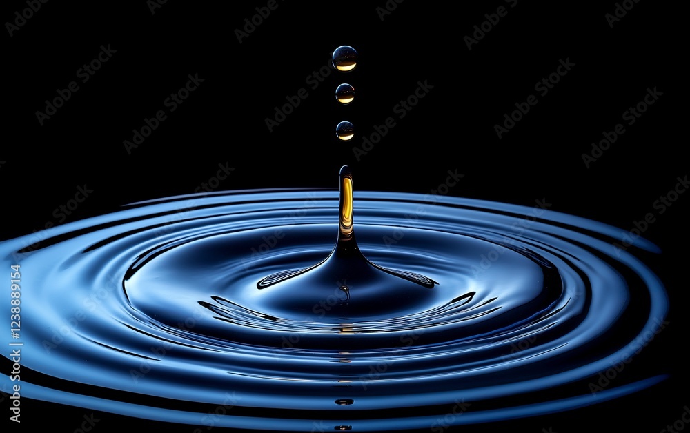 Poster golden drop falling into dark blue water, creating ripples; science background
