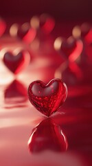 A single red glass heart reflects beautifully on a red background, surrounded by bokeh hearts. Valentine's day concept. Vertical image in a 9:16 ratio