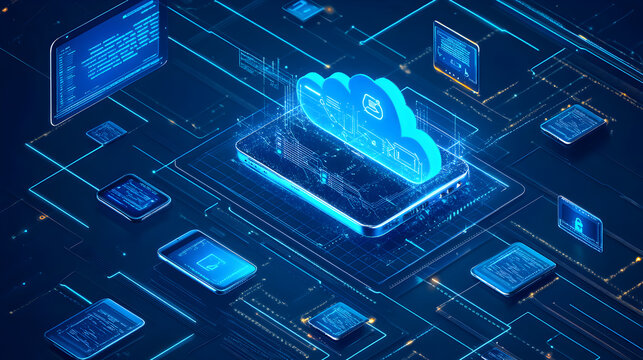 illustration of cloud-based mobile device management with various devices connected through encrypted signals 