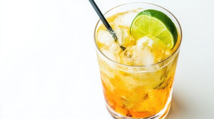 Refreshing cocktail with ice cubes, lime garnish, and straw on white background with copy space.