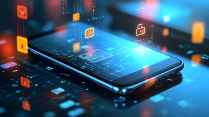 image of a digital network linking mobile devices with security and management features glowing in blue tones 