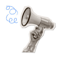 Halftone loudspeaker in female hand torn out paper collage sticker. Vintage mixed media design element in trendy magazine style. Vector illustration with retro cutout shape.