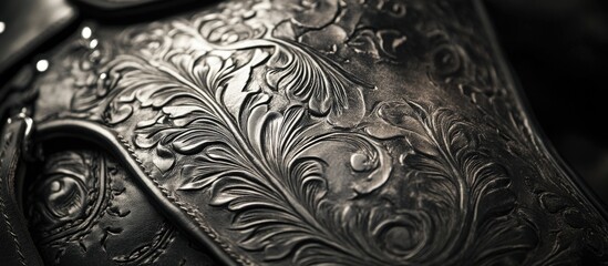 Close-up of intricately detailed engraved metal armor with floral patterns and dark texture