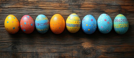 Colorful Easter eggs arranged in a row on rustic wooden background