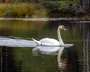 Elegant swan swimming in calm autumn lake