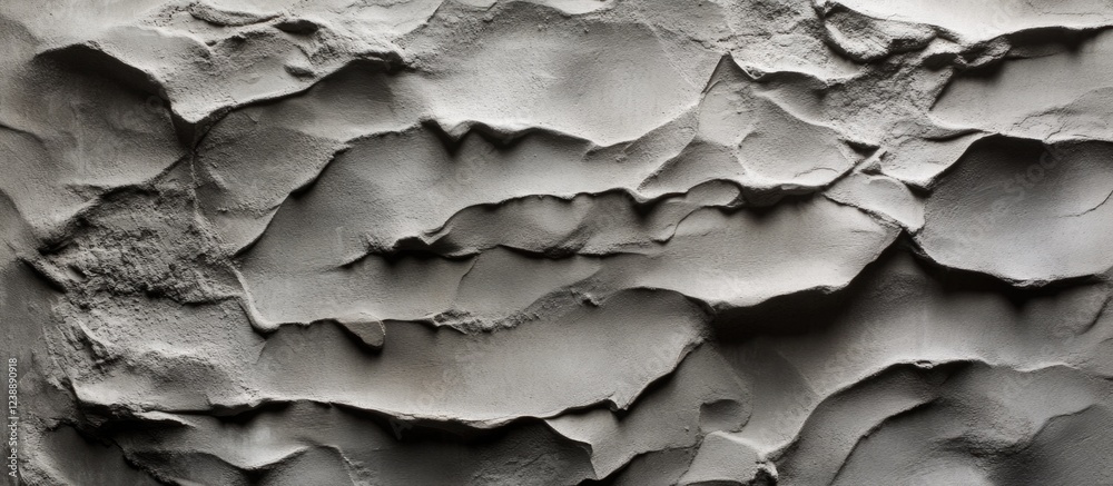 Poster close-up of textured gray clay surface with layered patterns