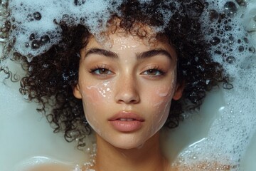 Young woman with curly hair enjoying a relaxing bubble bath with foam covering her face and hair