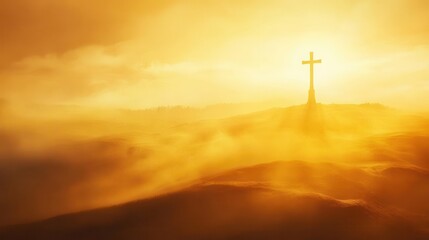 Obraz premium ethereal sunrise landscape with silhouetted cross standing tall on rolling hills, golden light streaming through misty morning air, spiritual atmosphere