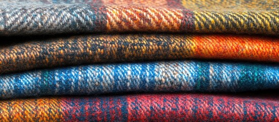 Close-up of Stacked Multicolored Woolen Fabrics with Plaid Patterns