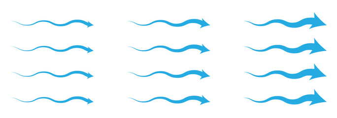 Air flow arrow. Set of blue arrow showing wind air flow. Vector set of air flow arrows. Blue air flow arrows showing wind circulation and ventilation.