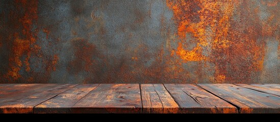 Rustic wooden table with rusty textured metal background and copy space